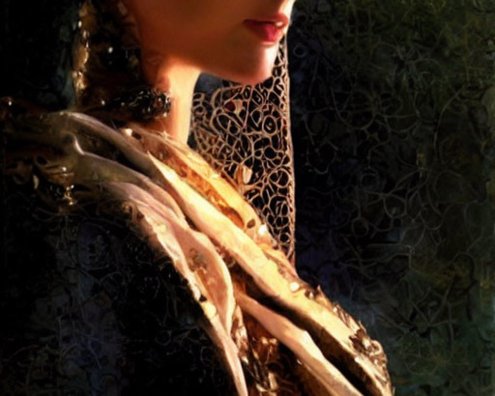 Woman in golden regalia with jeweled tiara against textured backdrop