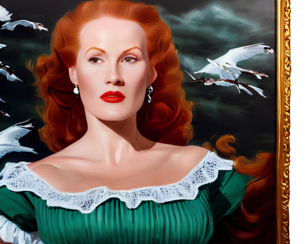 Portrait of Woman with Red Hair and Vintage Green Dress Surrounded by White Birds