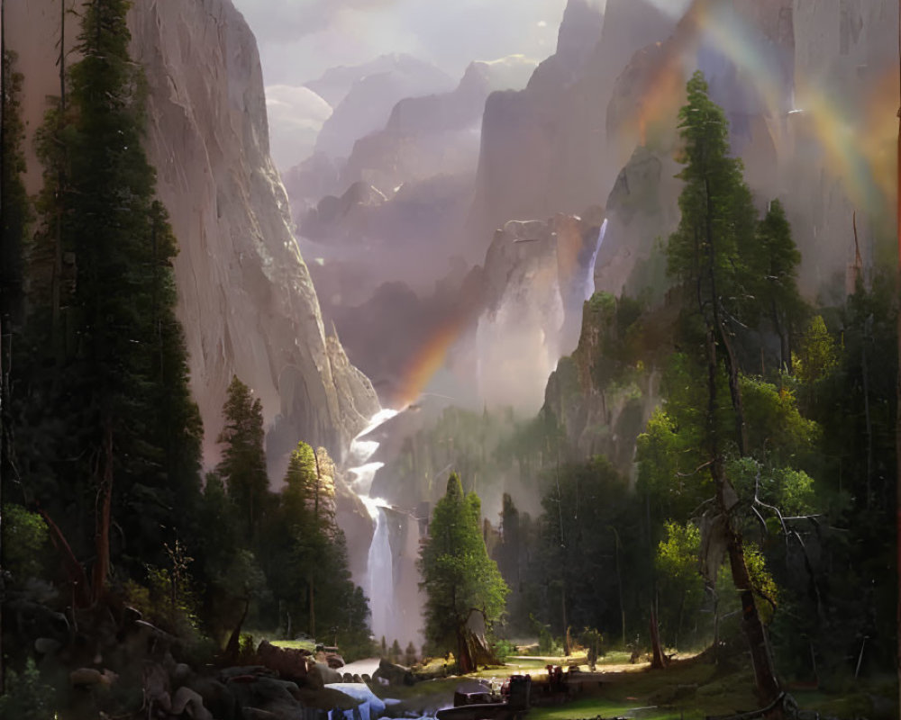 Tranquil Valley with Waterfall, River, Rainbow, and Greenery