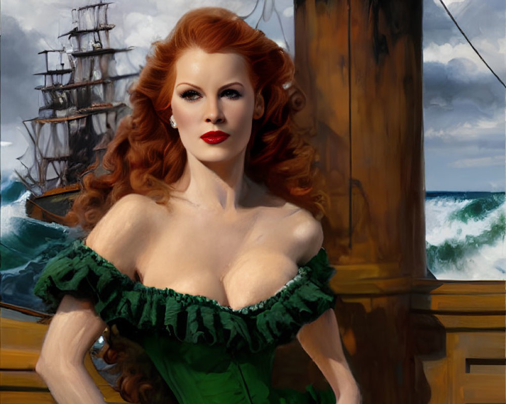 Red-haired woman in green dress on ship deck with seagull and tall ship under cloudy sky