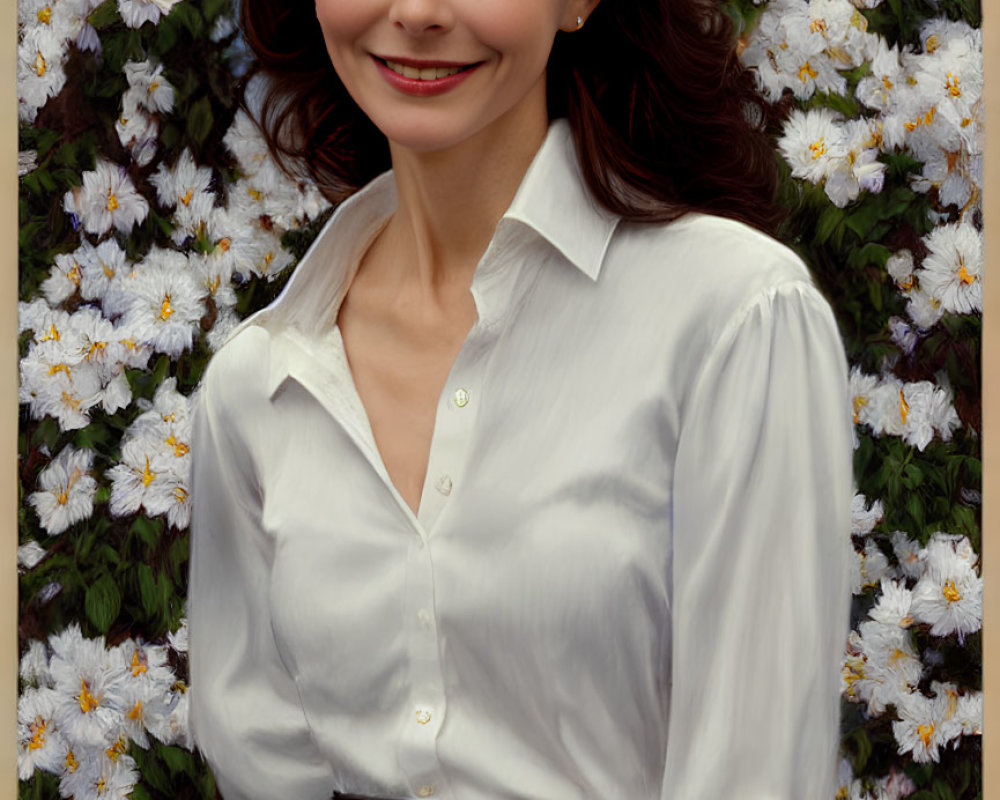 Brunette Woman Smiling in White Blouse and Blue Skirt