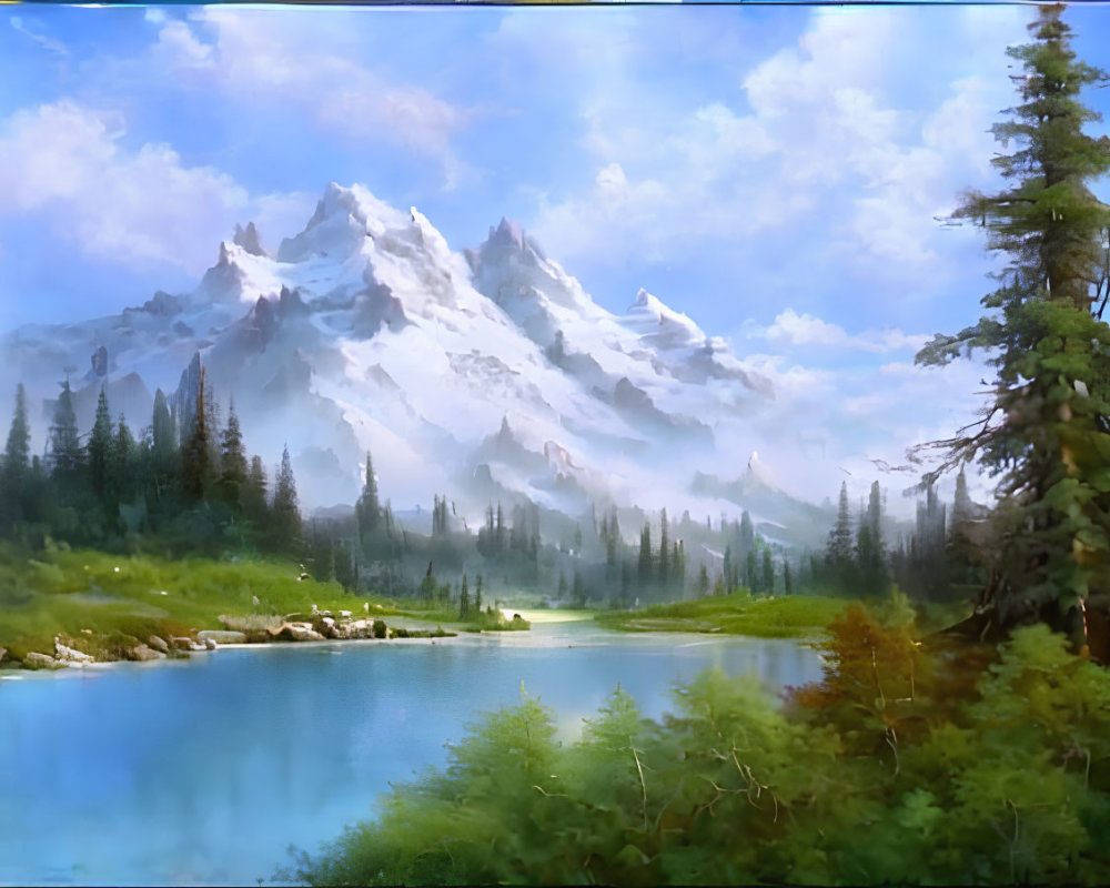 Serene landscape: crystal clear lake, snowy mountains, lush greenery