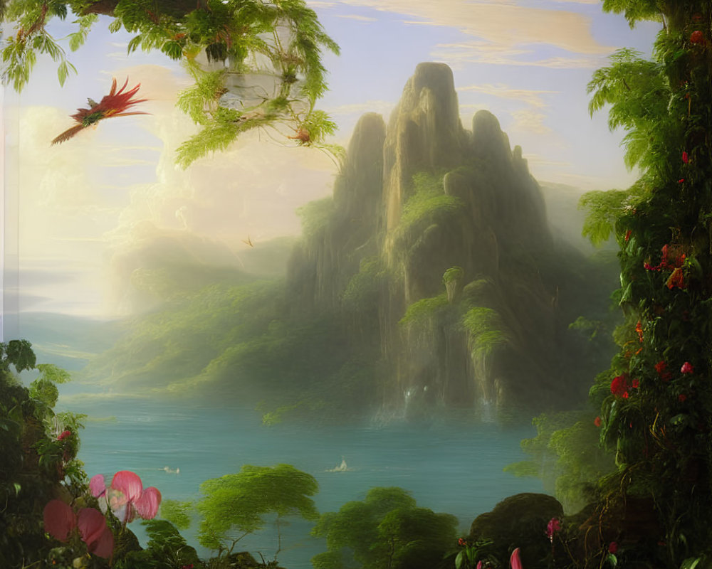 Lush landscape with towering mountain, waterfall, tropical foliage, flowers, and serene lake