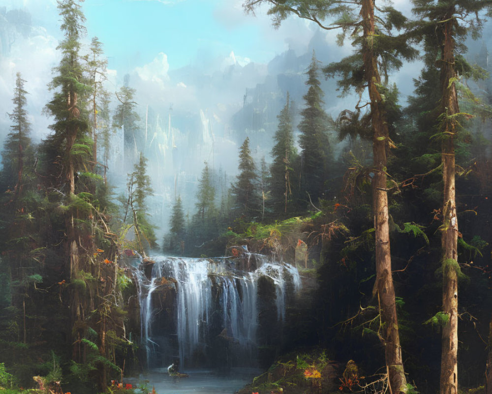 Tranquil forest scene with cascading waterfall and misty mountains