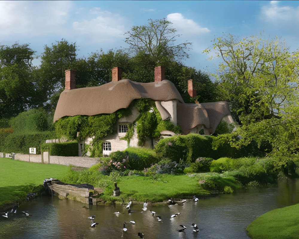 Thatched cottage surrounded by greenery and pond with ducks under vibrant sky