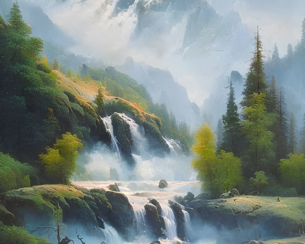 Tranquil landscape with waterfall, greenery, and snowy mountains