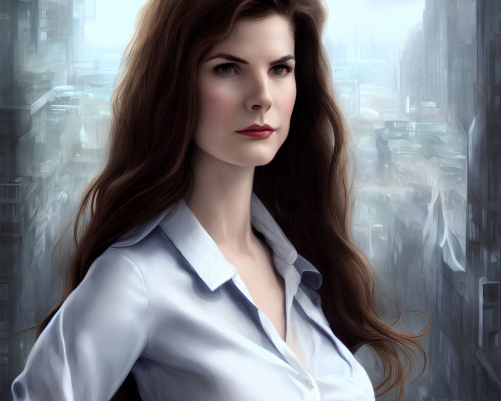 Digital portrait of woman with long brown hair in white shirt against blurred cityscape