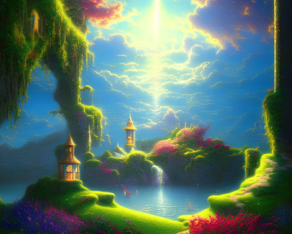 Colorful Fantasy Landscape with Sunbeam and Serene Lake