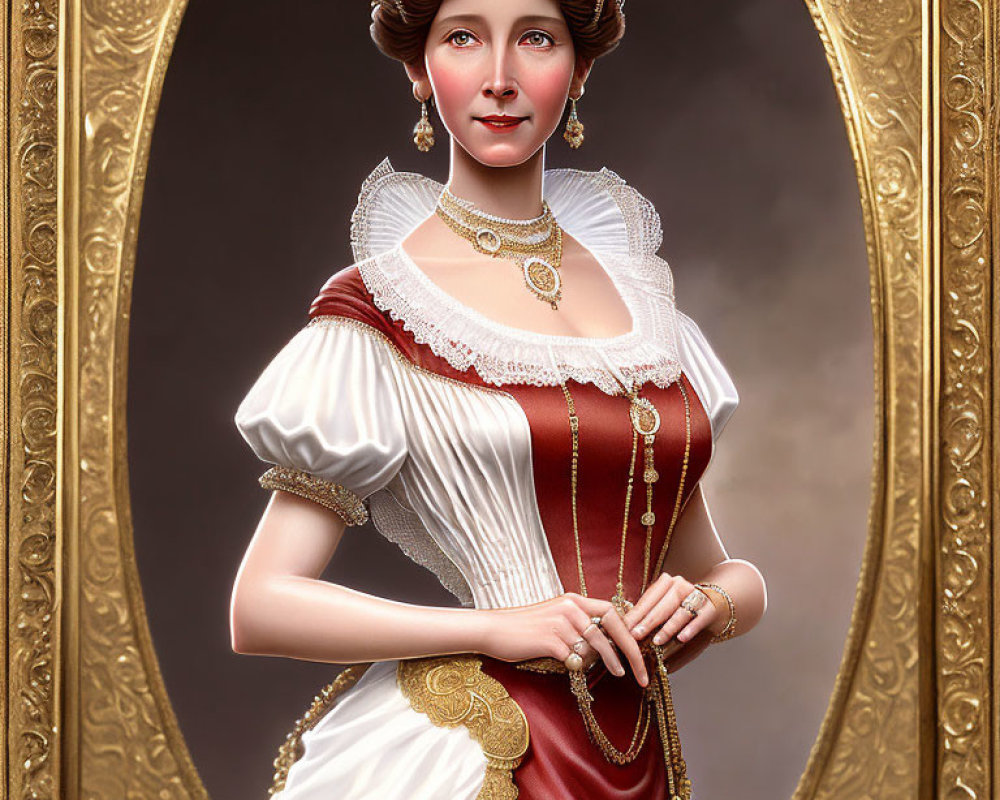 Digital artwork of woman in historical dress with red bodice, white sleeves, and gold jewelry in orn