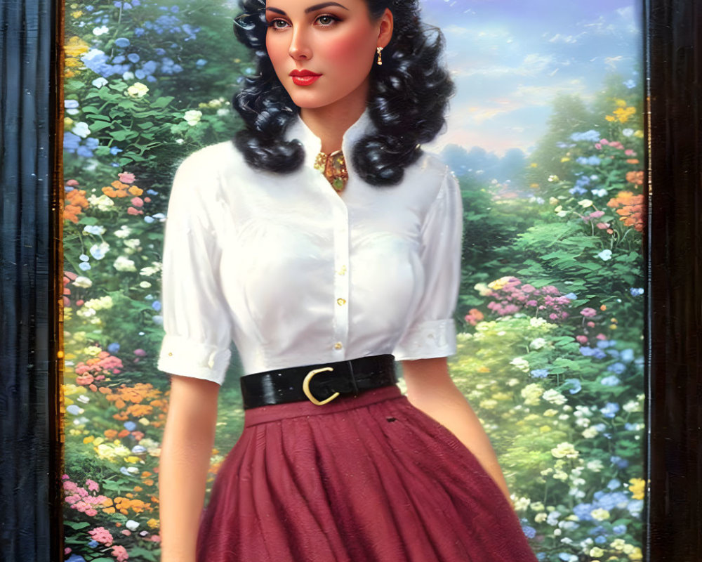 Illustration of woman with dark hair in waves, white blouse, maroon skirt, gold jewelry,