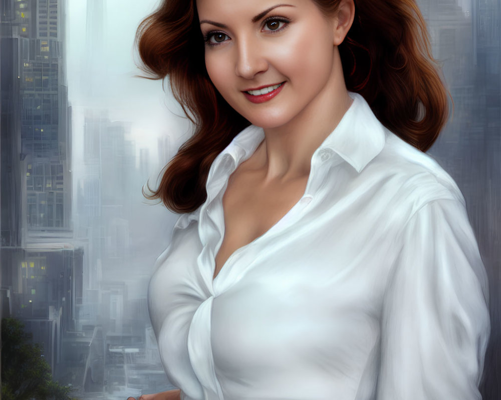 Smiling woman with red hair in white blouse against cityscape.