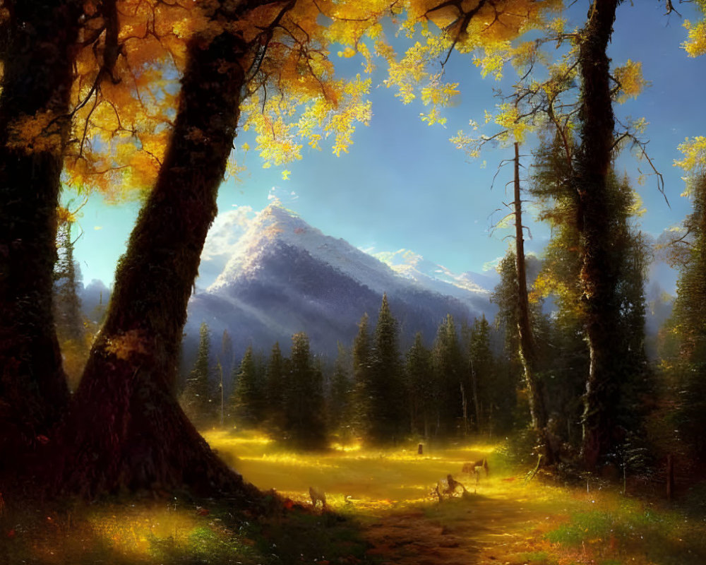 Tranquil autumn forest with golden leaves, sun rays, deer, and distant mountains