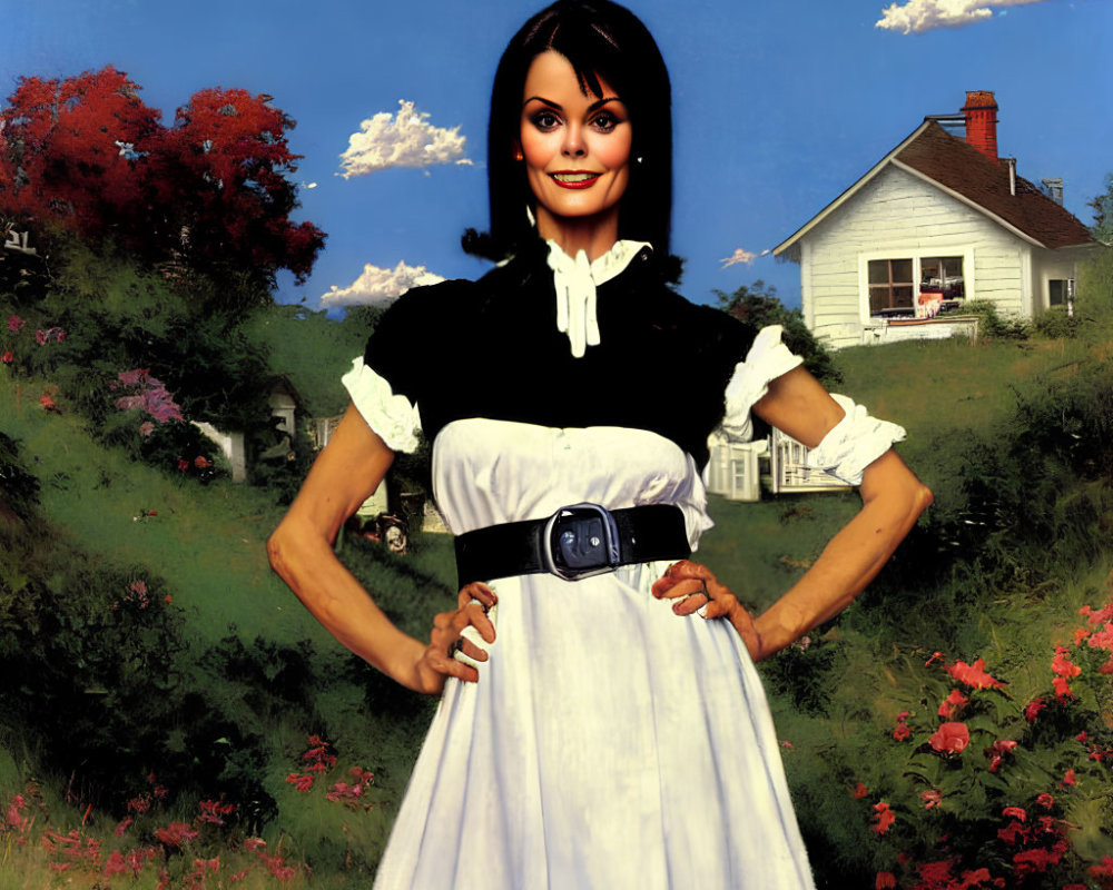 Stylized painting of woman in vintage dress with large eyes