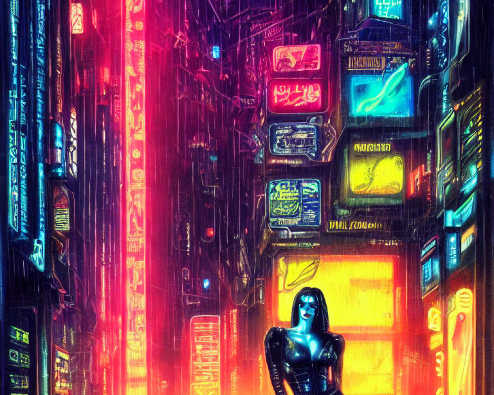 Futuristic cyberpunk scene with woman in black outfit in neon-lit alley