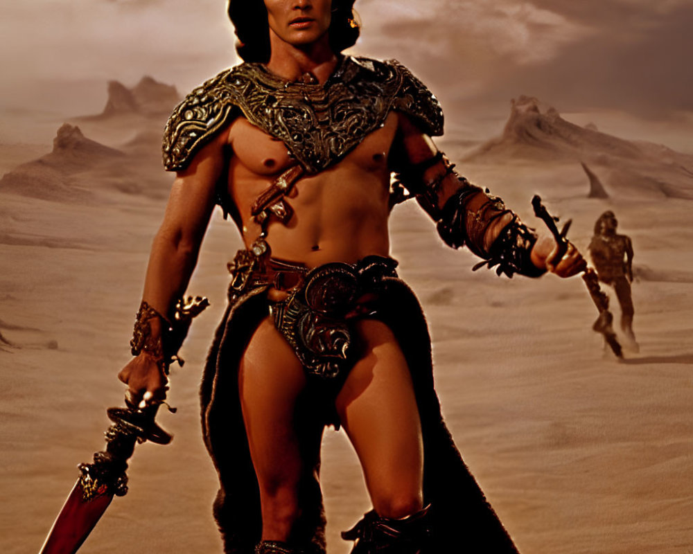 Muscular fantasy warrior with sword in desert landscape