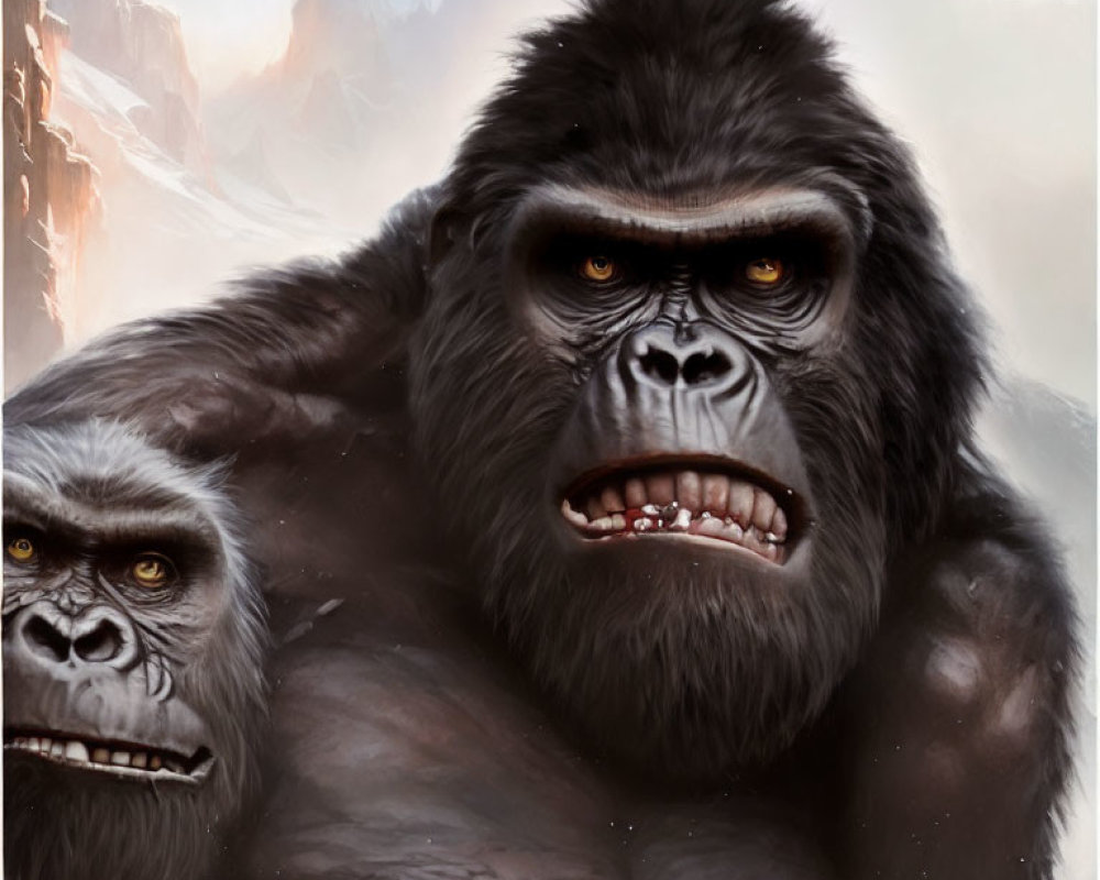 Realistic digital artwork of two menacing gorillas with dark fur