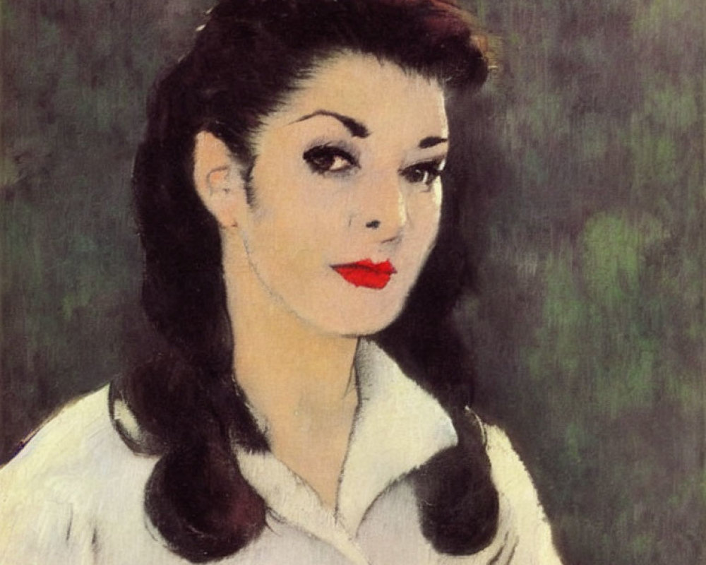 1940s-style portrait of a woman with dark hair and red lips