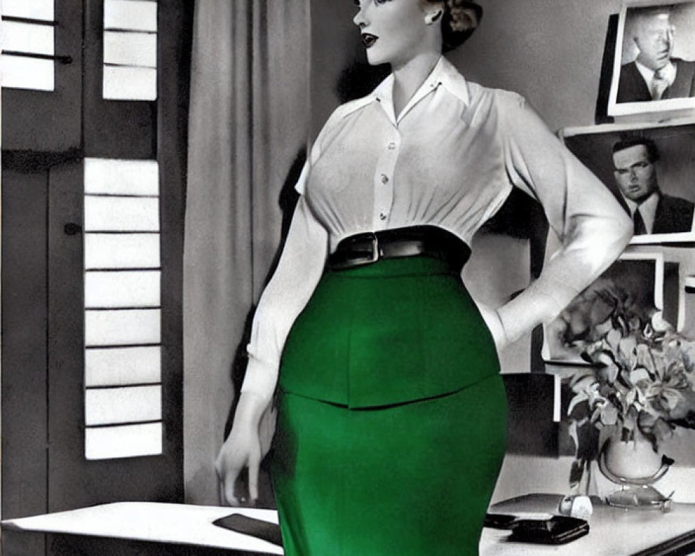 Vintage Black and White Photo with Colorized Green Skirt and Woman in Fitted Blouse