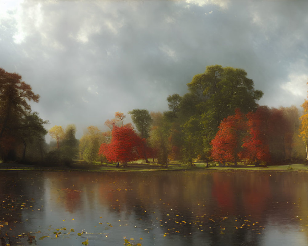 Vibrant red and yellow autumn trees reflected in tranquil lake