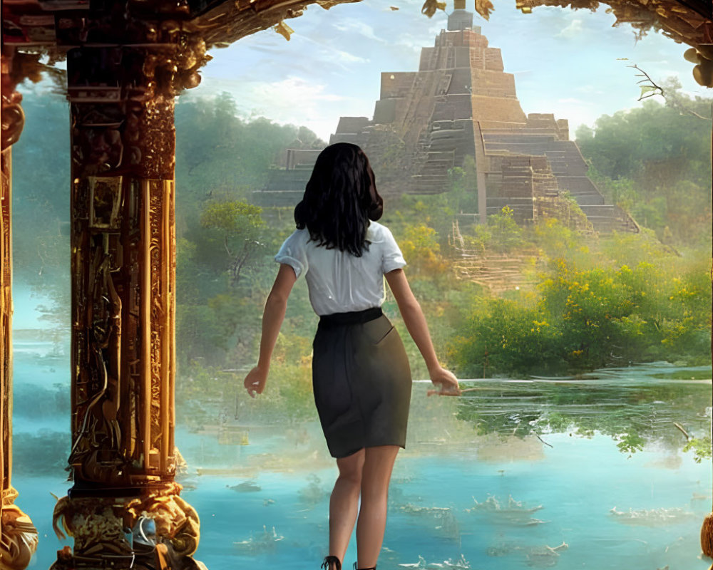 Person in Baroque Archway Views Serene Lake with Ducks and Mesoamerican Pyramid