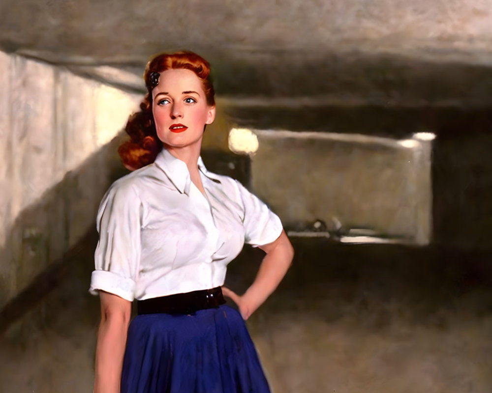 Red-haired woman in 1940s attire gazes upwards thoughtfully