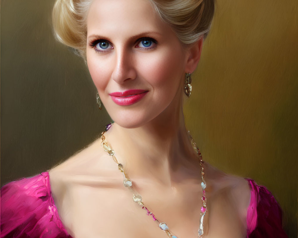 Woman with Elegant Updo, Blue Eyes, Pink Dress & Gold Jewelry