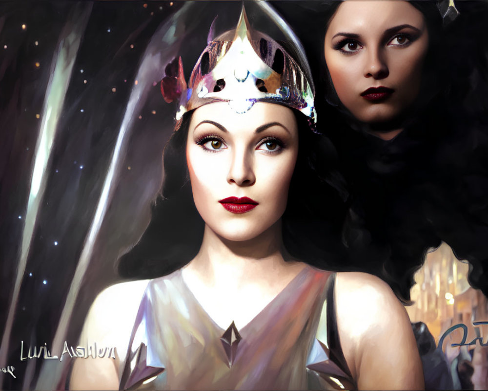 Digital painting of woman with crown in cosmic setting, with reflective face, blending realism and fantasy.