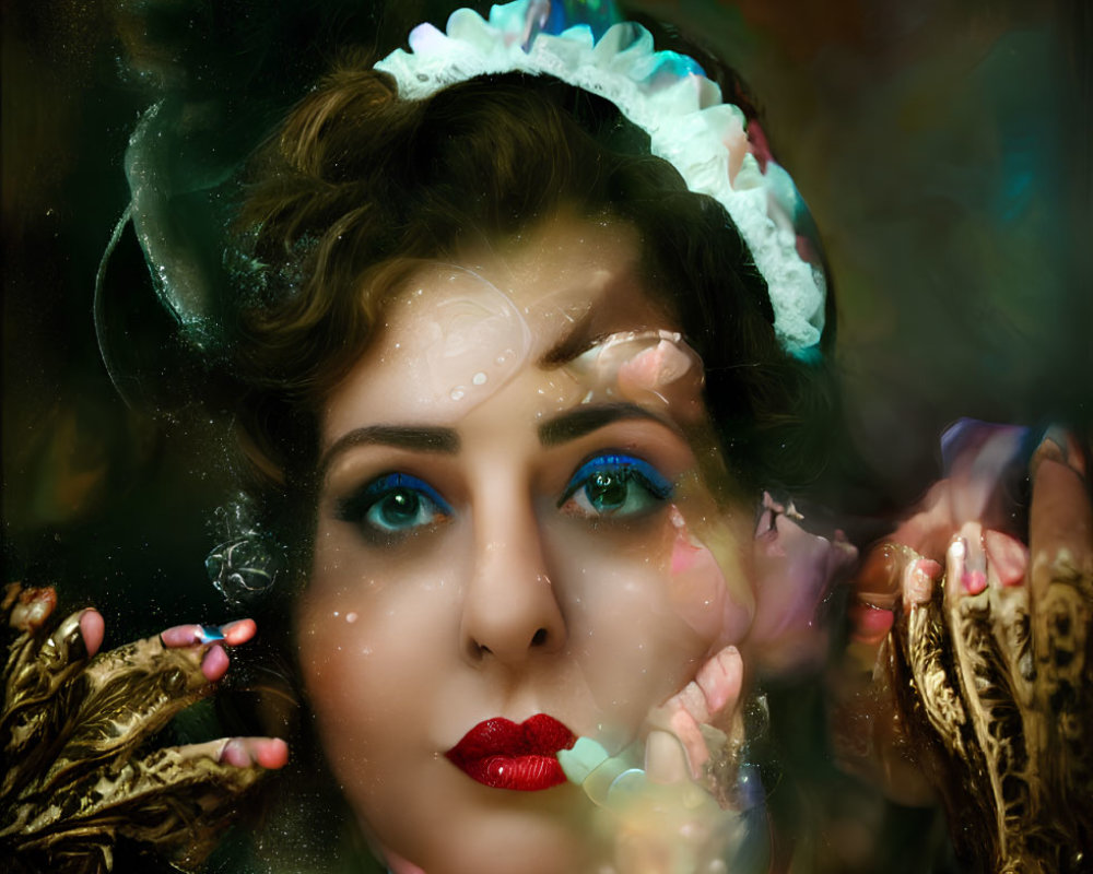 Colorful portrait of a woman with vibrant makeup submerged in swirling water.