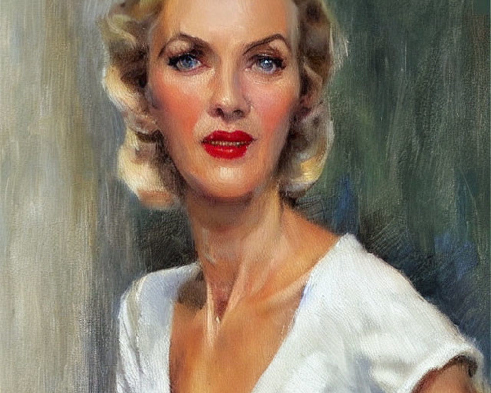 Classical style portrait of woman with blonde hair and red lipstick