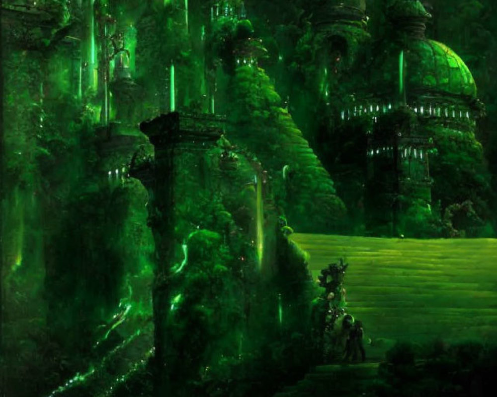 Ethereal green-lit fantasy city with spires, waterfalls, figures, and staircase.