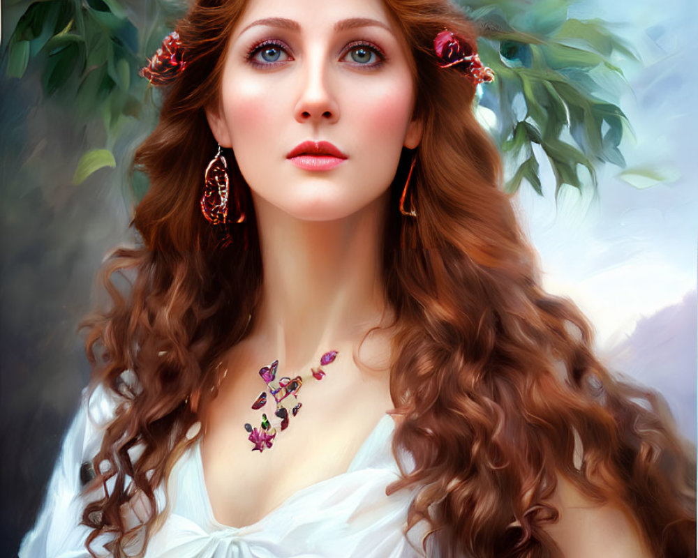 Portrait of Woman with Curly Hair and Blue Eyes in Floral Earrings