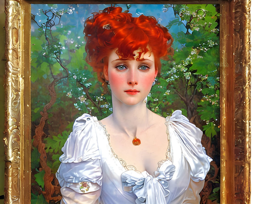 Red-Haired Woman with Blue Bow in White Blouse Painting on Ornate Frame