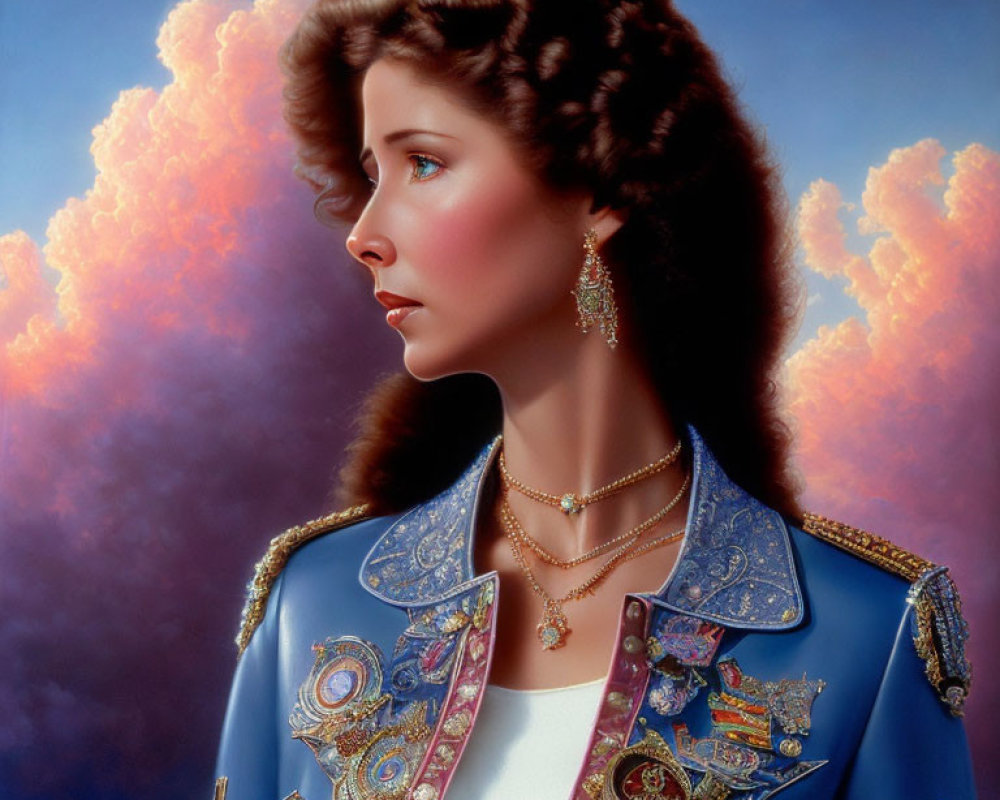 Portrait of Woman with Styled Hair and Ornate Earrings in Blue Jacket Against Pink Clouds