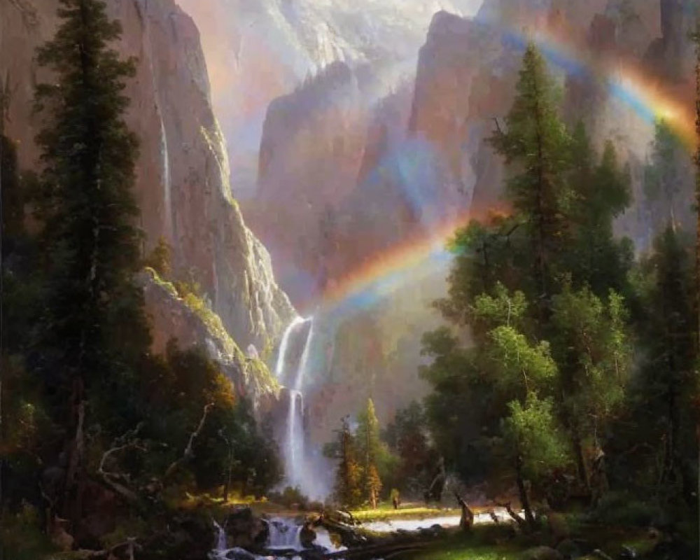 Scenic landscape with waterfall, stream, cliffs, trees, sunlight, and rainbow