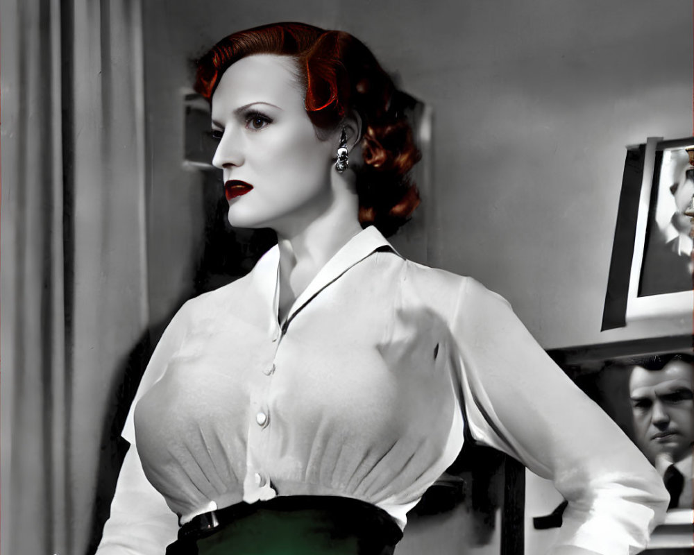 Vintage Black and White Photo Colorized with Red Hair and Green Sash