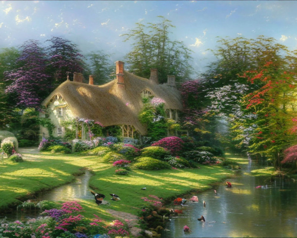 Quaint Thatched Cottage with Gardens, River, and Ducks