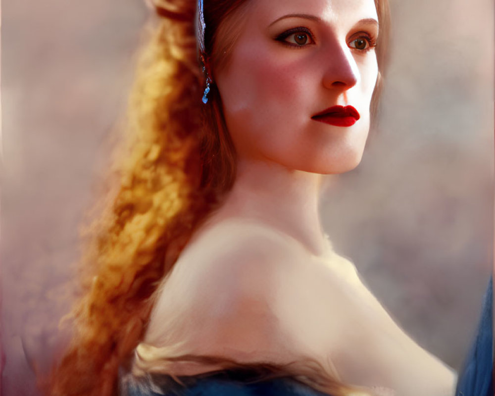 Digital portrait of woman with red hair in blue dress against soft background