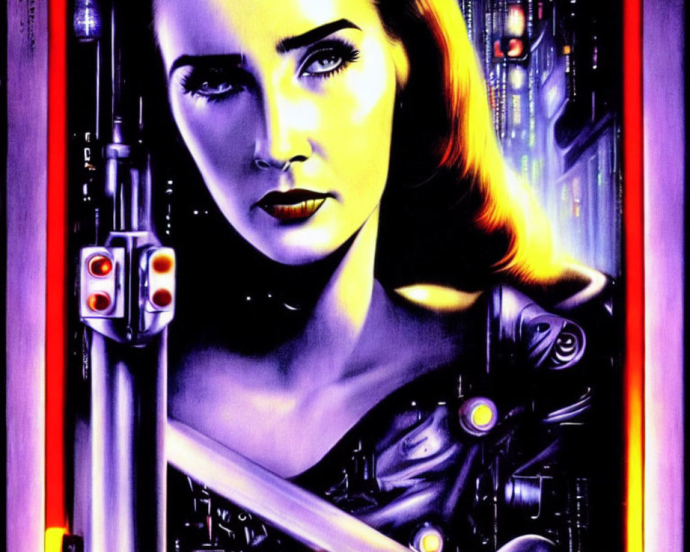 Colorful Retro Futuristic Artwork of Woman with Cybernetic Motifs