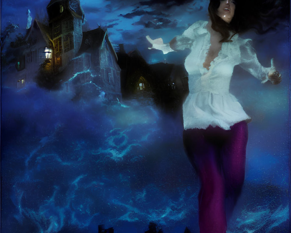 Woman floating above turbulent sea with glowing mansion under moonlit sky