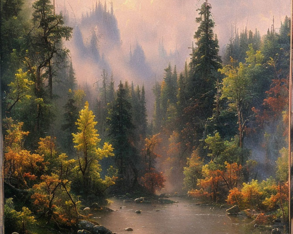 Tranquil forest landscape with misty river and autumn trees