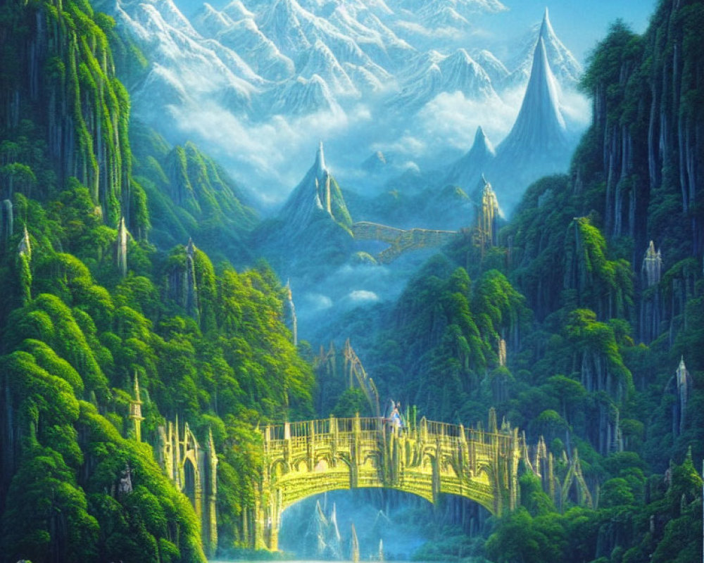 Fantasy landscape with snow-capped mountains, golden bridge, and colorful figures