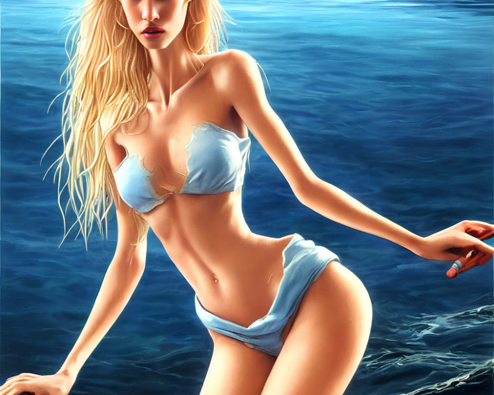 Blonde Woman in Blue Bikini Digital Artwork with Dark Blue Sea Background