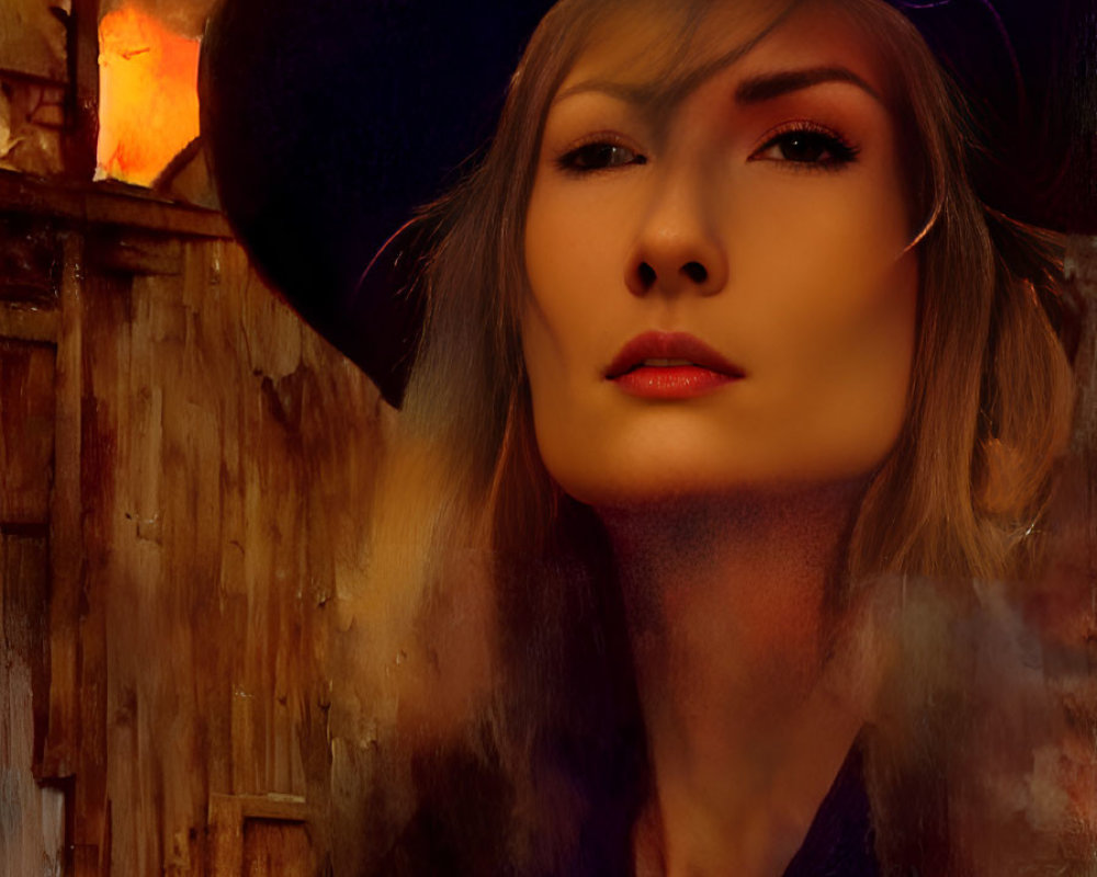 Solemn Woman in Dark Hat Against Fiery Sky