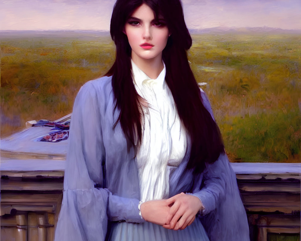 Digital painting of woman with long black hair in white blouse and blue cardigan in serene meadow.