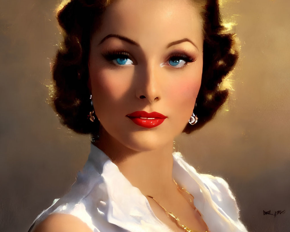 Portrait of a woman with blue eyes and red lipstick in white outfit, adorned with golden necklace against warm