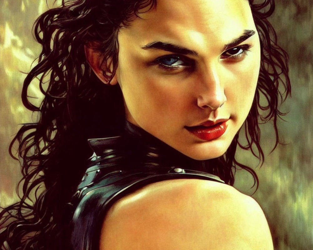 Dark Curly Haired Woman in Leather Armor on Textured Background