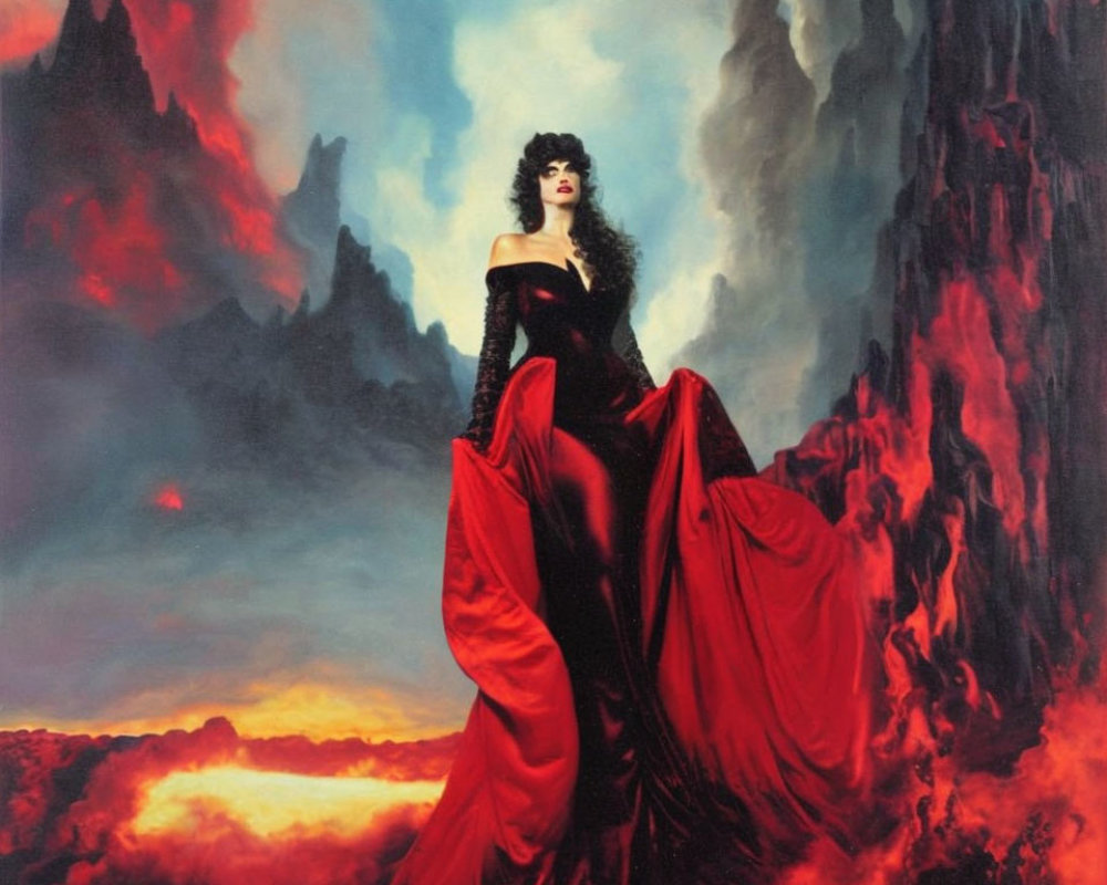 Woman in red gown in volcanic landscape with fiery lava and dark cliffs