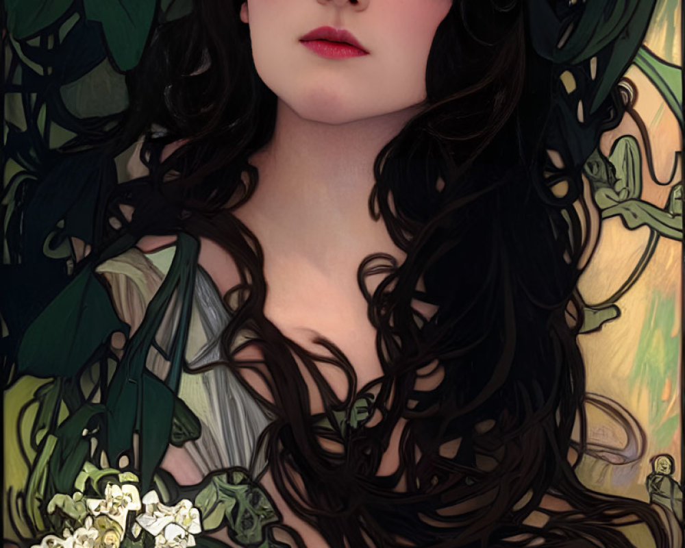 Art Nouveau style portrait of woman with dark hair, green leaves, white flowers, and stained glass