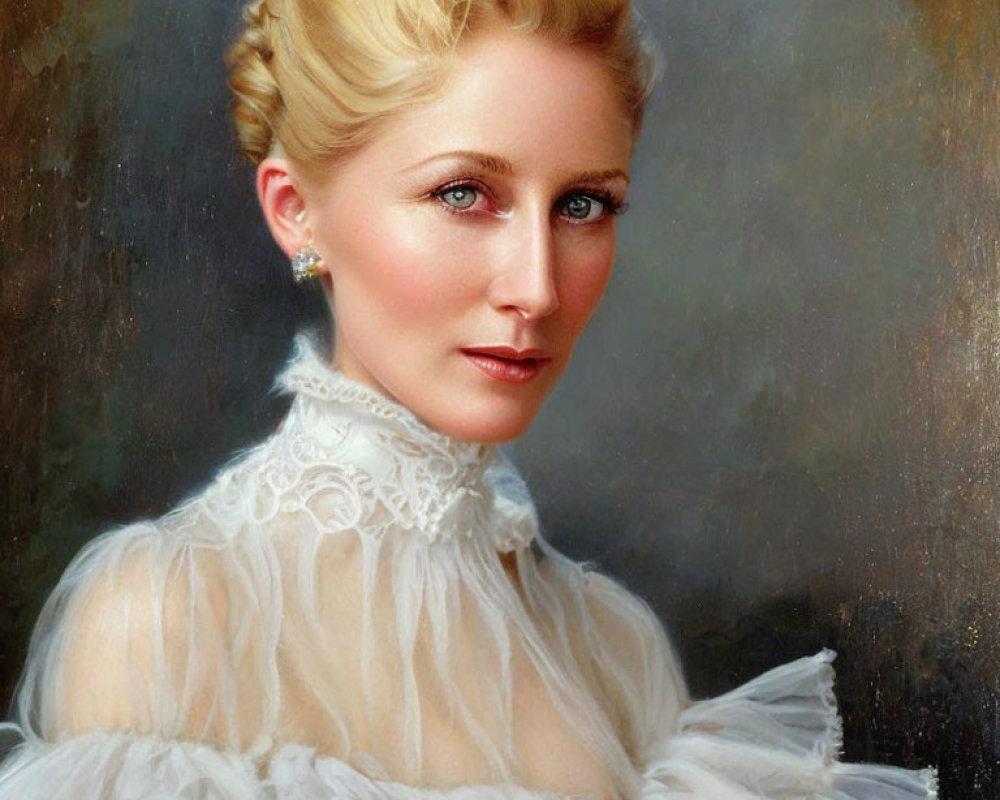 Portrait of Woman with Elegant Updo Hairstyle and Victorian Blouse