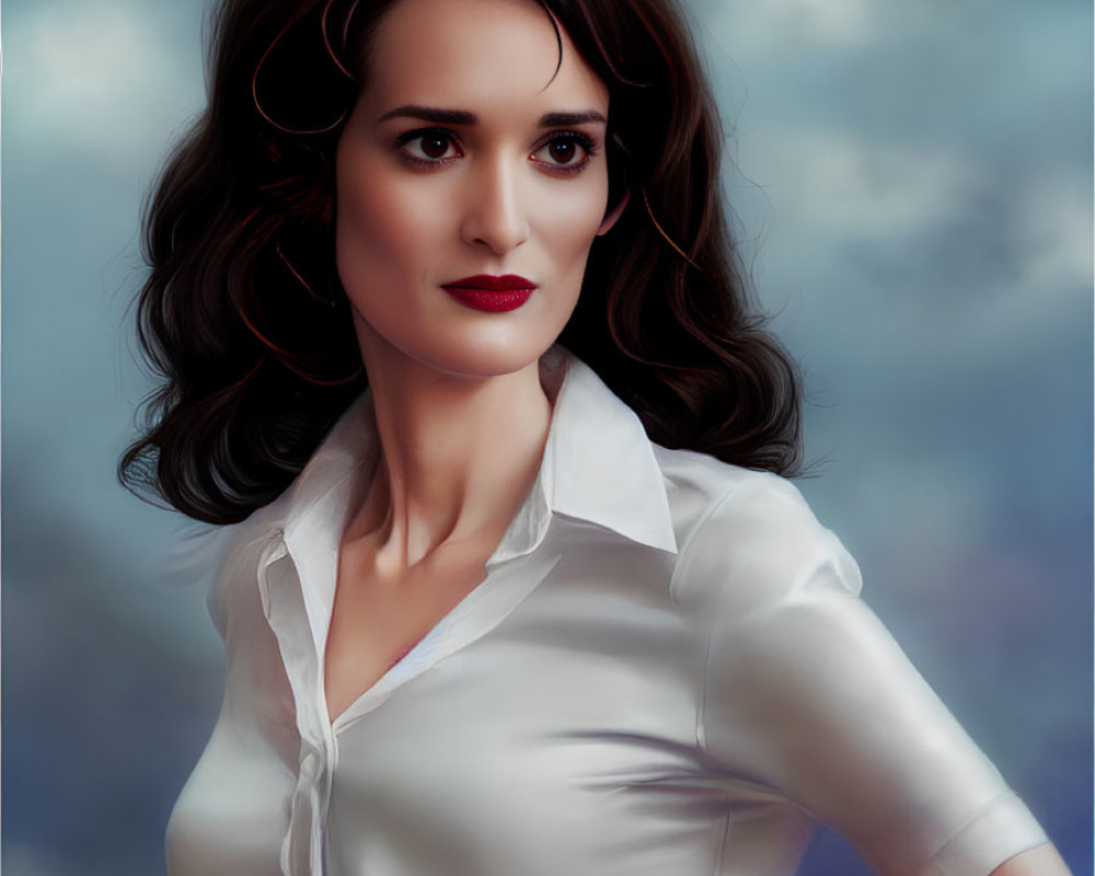 Dark-haired woman in loose waves, white blouse, against cloudy sky.